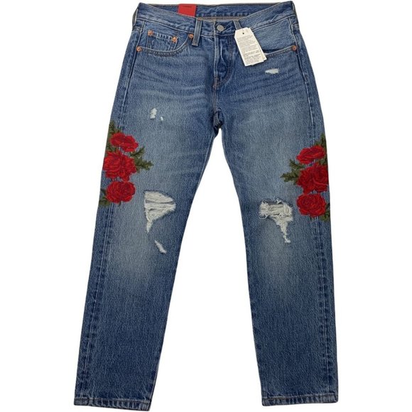 Levi's 501 Boho Jeans NWT 24" X 26" Rose Embroidered Distressed Cropped - Picture 2 of 10
